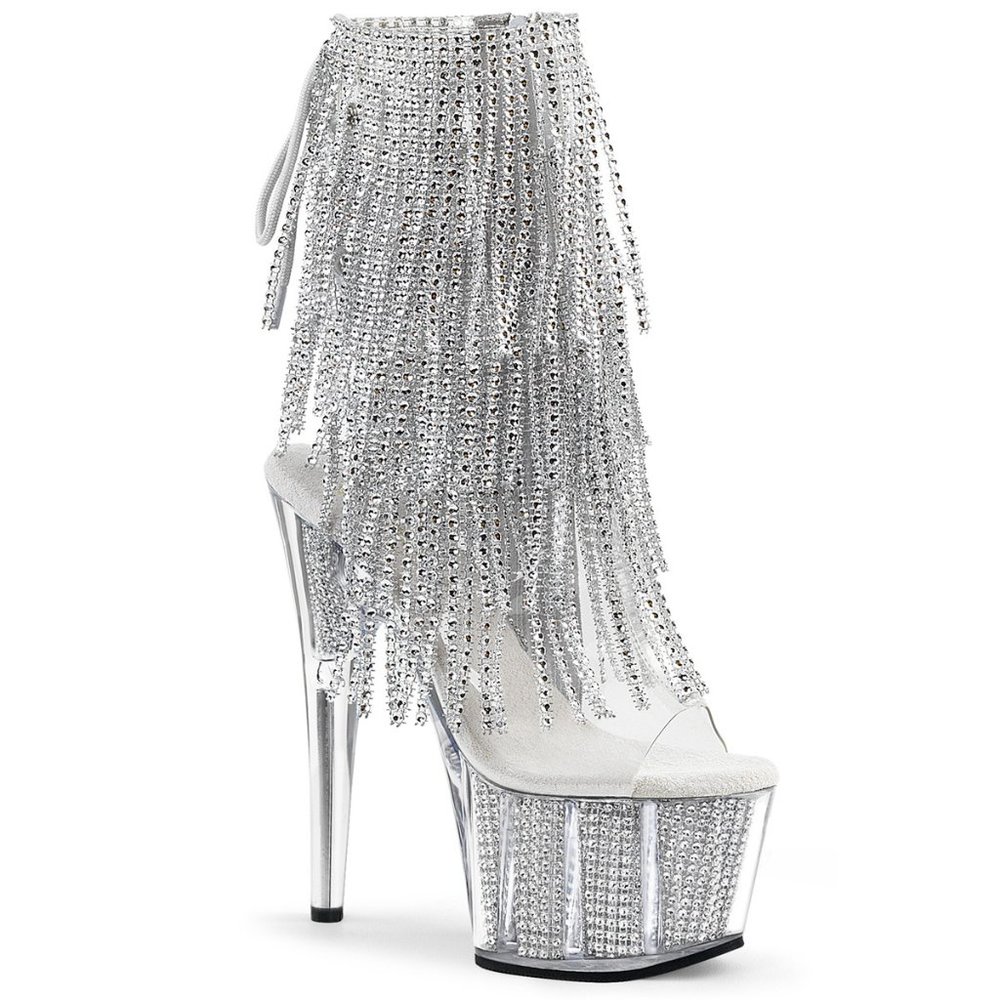 Pleaser Silver Rhinestone Fringe Platform Ankle Boots